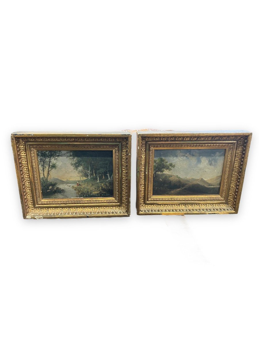 Paire d'Huiles Sur Panneau Paysages Animés XIXeme-photo-3