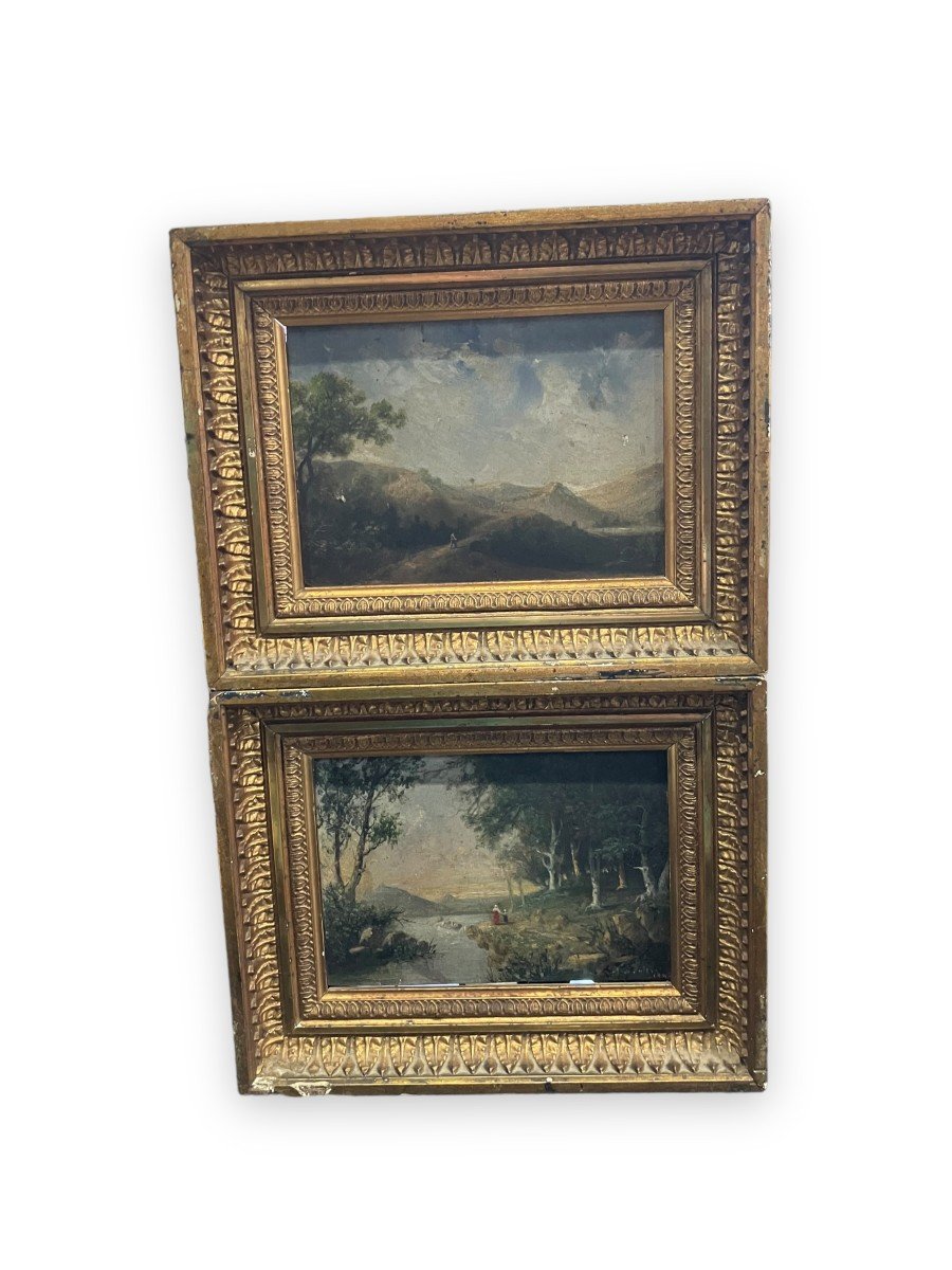 Paire d'Huiles Sur Panneau Paysages Animés XIXeme-photo-4