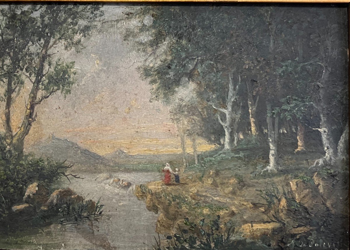 Paire d'Huiles Sur Panneau Paysages Animés XIXeme-photo-1