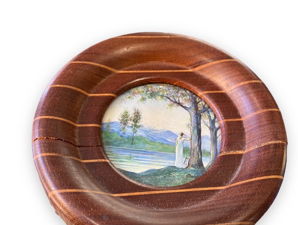 Round Miniature On Ivory Woman And Landscape Signed G. David-photo-2