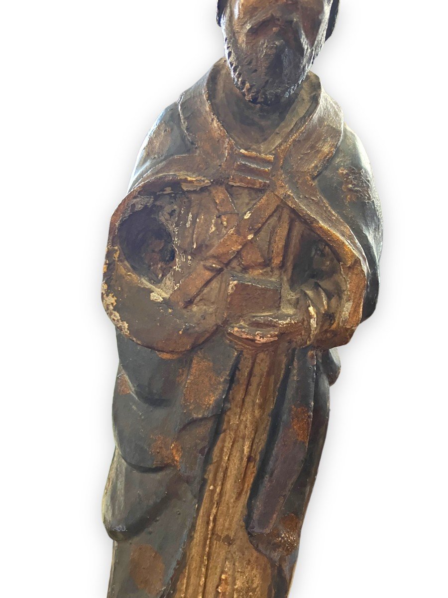 Saint Religieux Statuette XVIIeme En Bois Polychrome Et Doré-photo-3