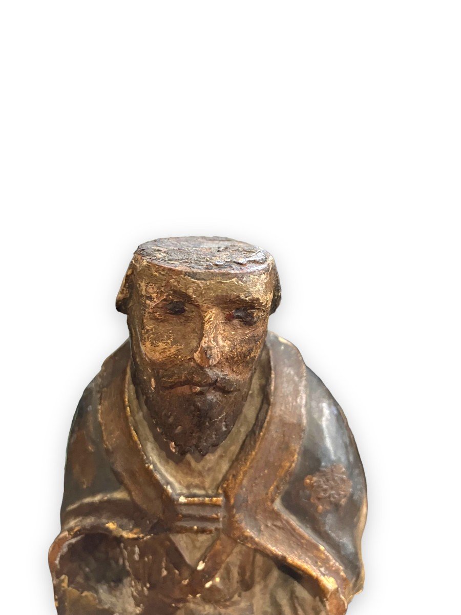 Saint Religious XVIIth Statuette In Polychrome And Gilded Wood-photo-4