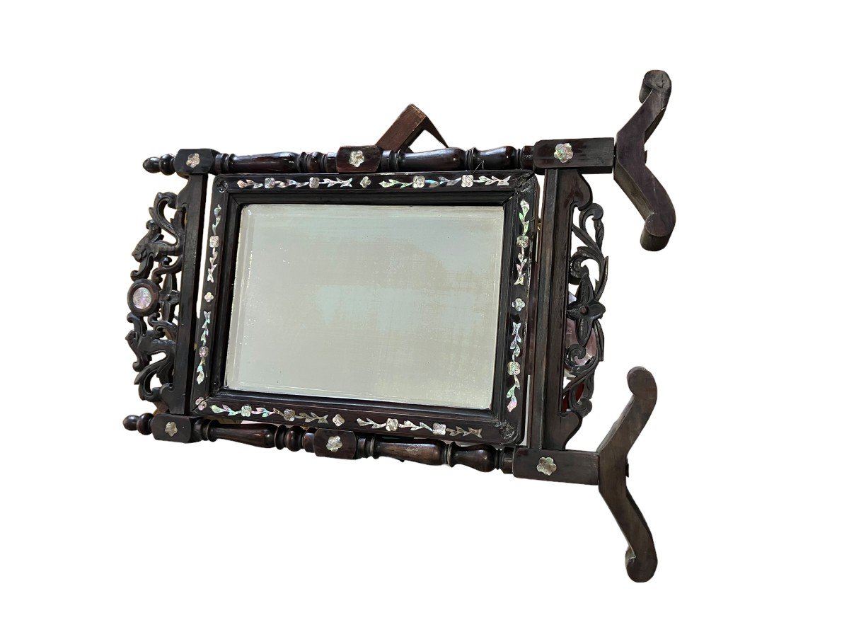 Nineteenth Psyche Travel Mirror Napoleon III Vietnam China Mother Of Pearl And Hardwood Decor Dragons-photo-3