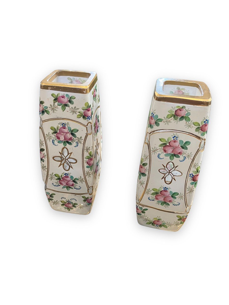 Pair Of Enameled And Gilded Crystal Vases With Rose Patterns-photo-2