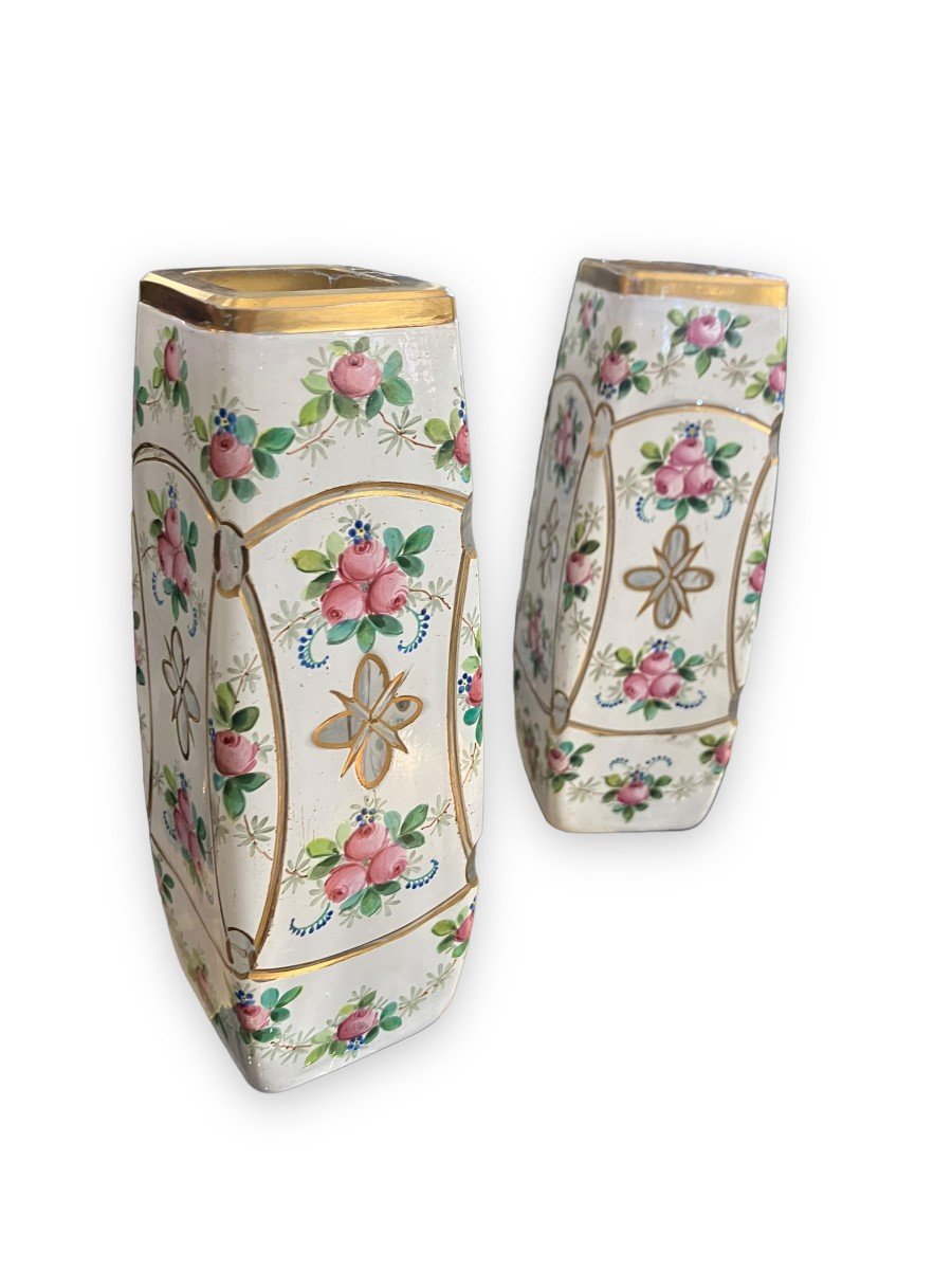 Pair Of Enameled And Gilded Crystal Vases With Rose Patterns-photo-3