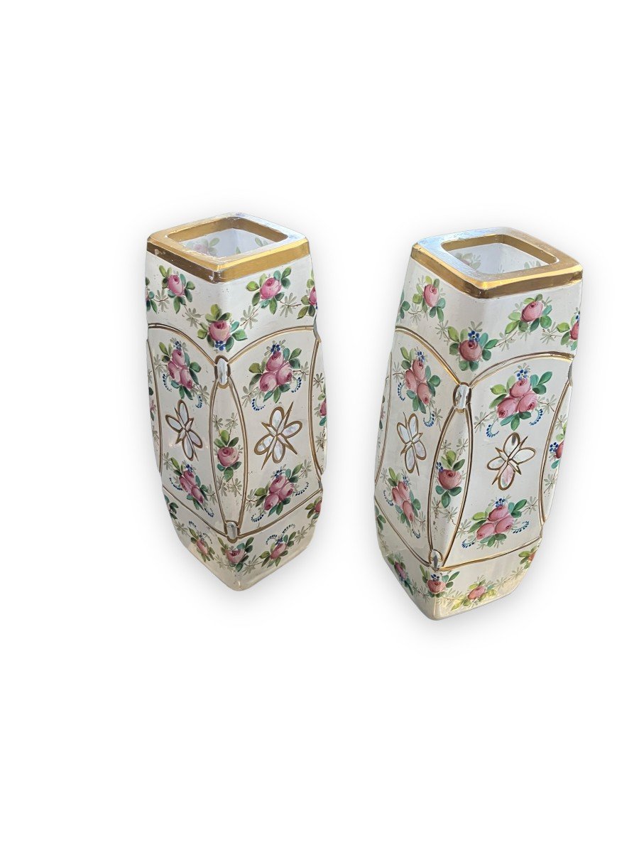 Pair Of Enameled And Gilded Crystal Vases With Rose Patterns-photo-5