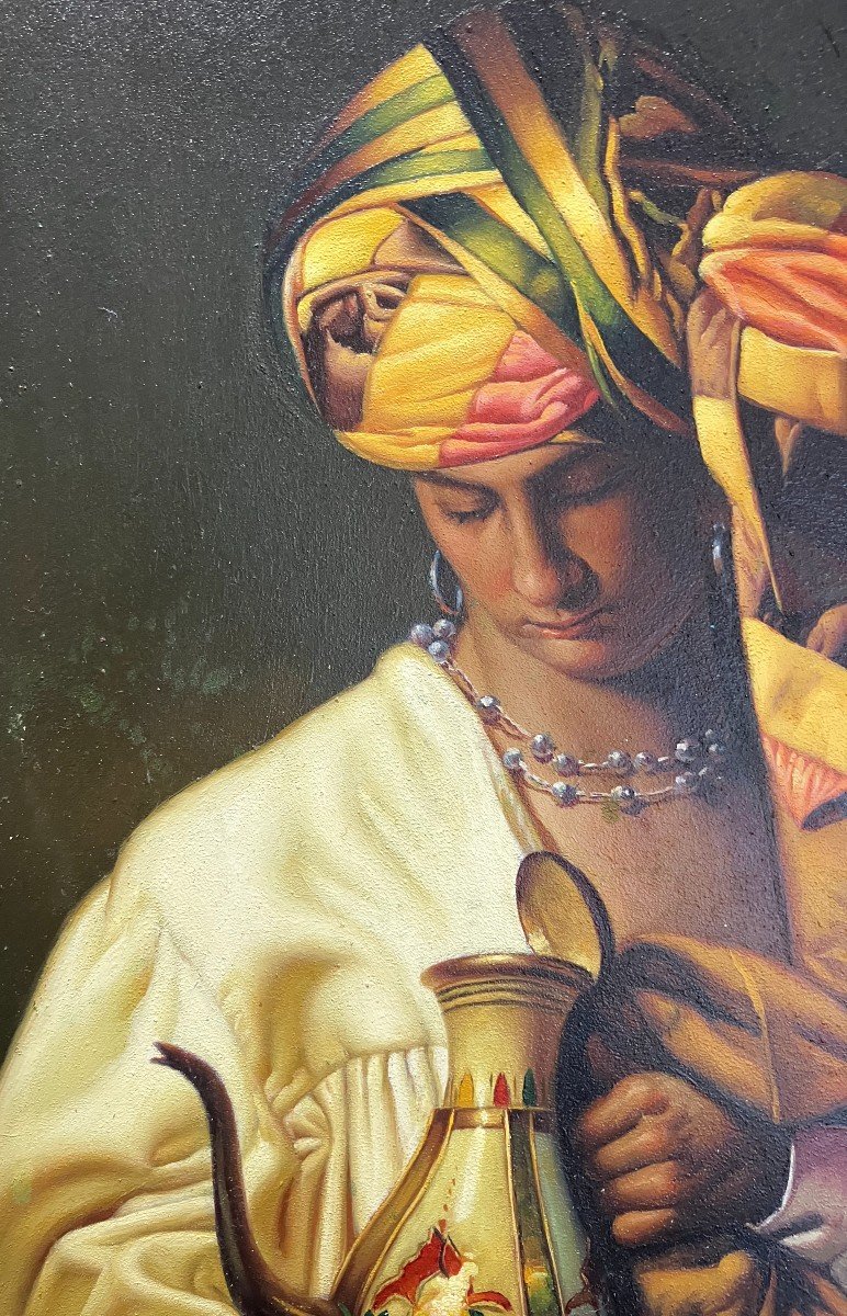 Lucas Mir Tableau Orientaliste Femme Au Turban Et à l'Aiguière Huile Sur Panneau-photo-2
