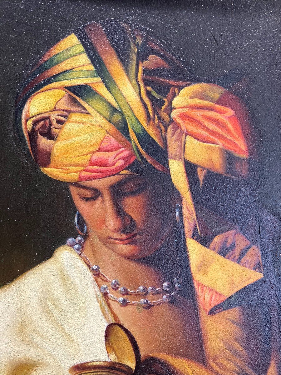 Lucas Mir Tableau Orientaliste Femme Au Turban Et à l'Aiguière Huile Sur Panneau-photo-5