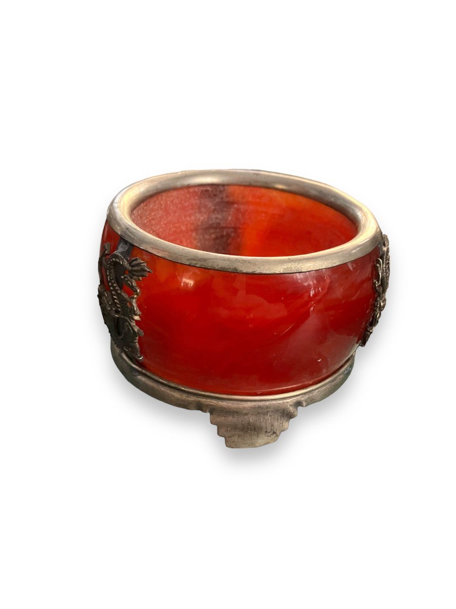 Old Chinese Receptacle Goblet In Carnelian And Silver Metal Decor Of Dragons-photo-8