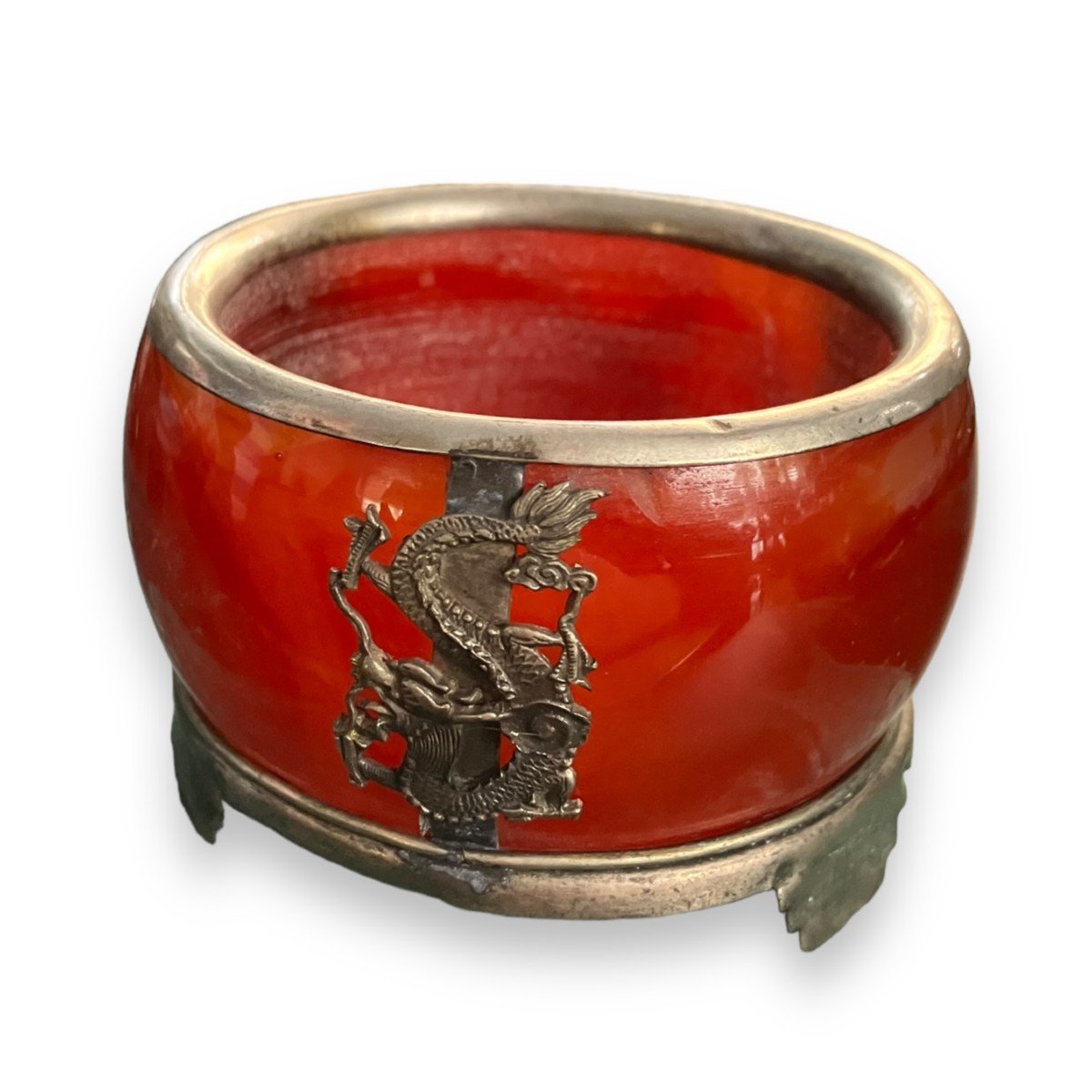 Old Chinese Receptacle Goblet In Carnelian And Silver Metal Decor Of Dragons