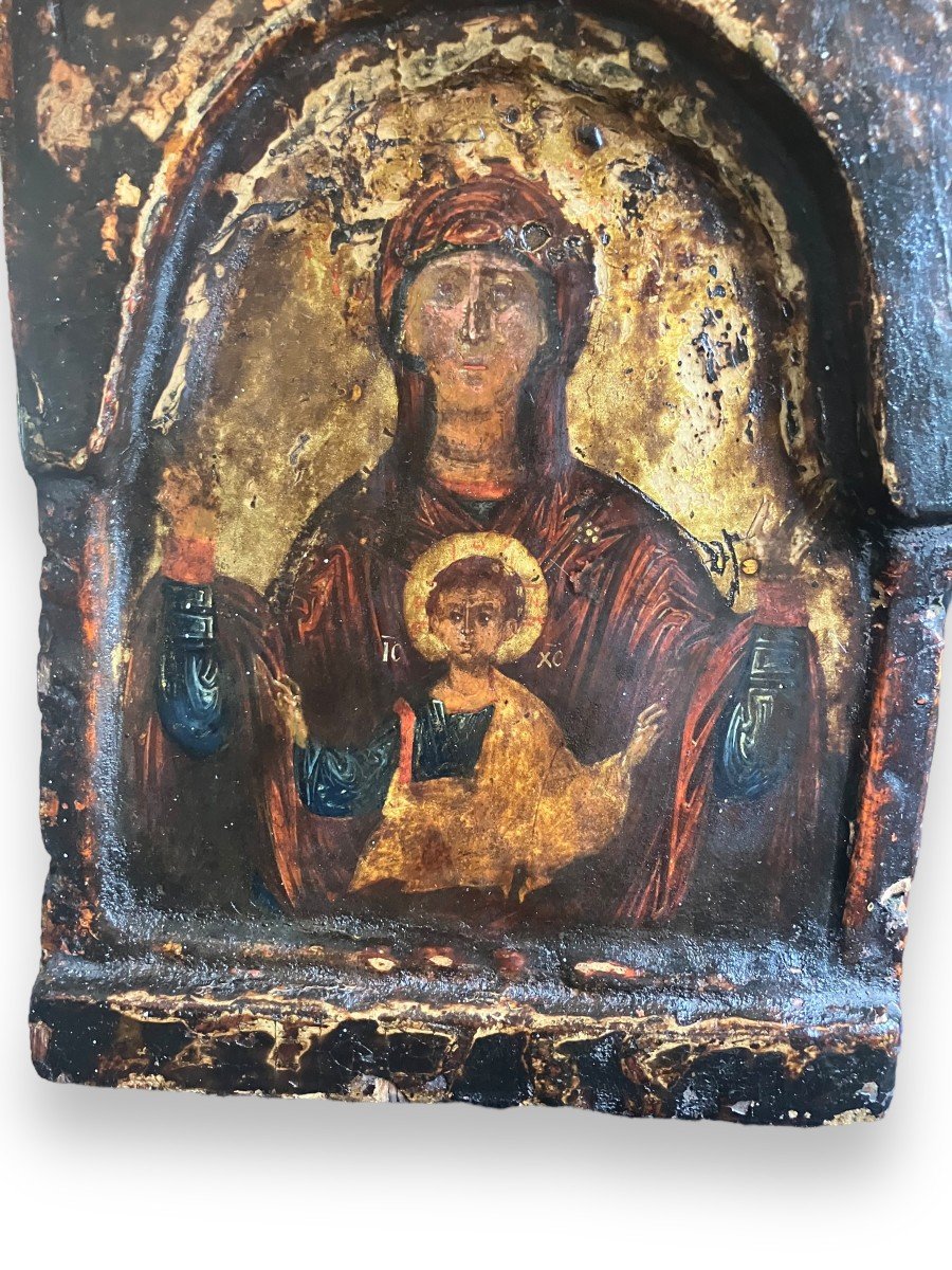 Icône Religieuse Vierge à l'Enfant Sur Bois Fin XVIIIeme Début XIXeme-photo-3