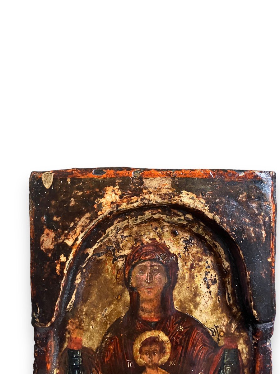 Icône Religieuse Vierge à l'Enfant Sur Bois Fin XVIIIeme Début XIXeme-photo-4