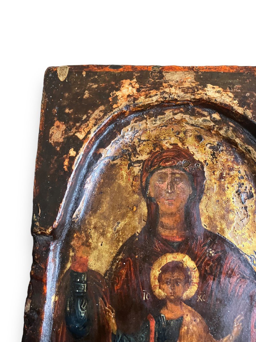 Icône Religieuse Vierge à l'Enfant Sur Bois Fin XVIIIeme Début XIXeme-photo-4