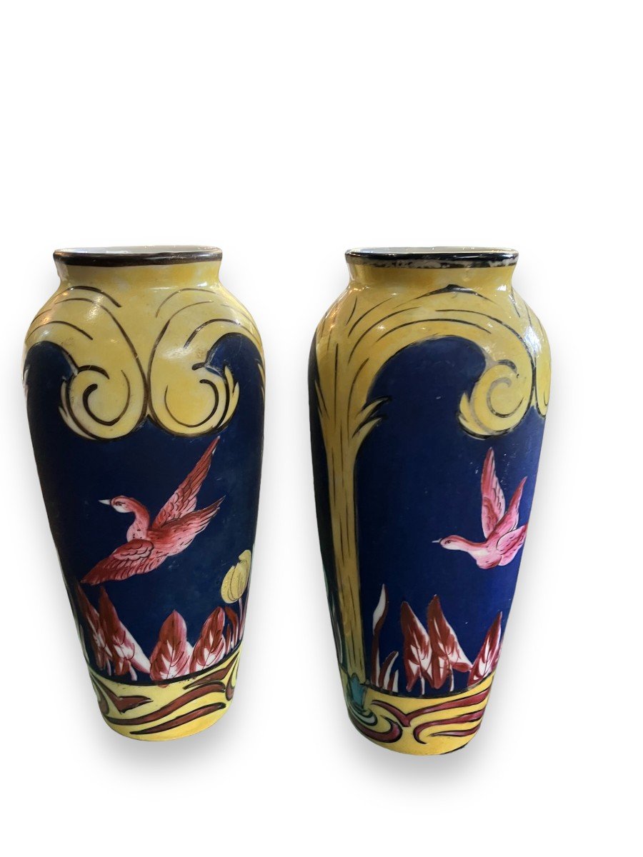 Pair Of Porcelain Vases Decorated With Birds Signed Chandy-photo-4
