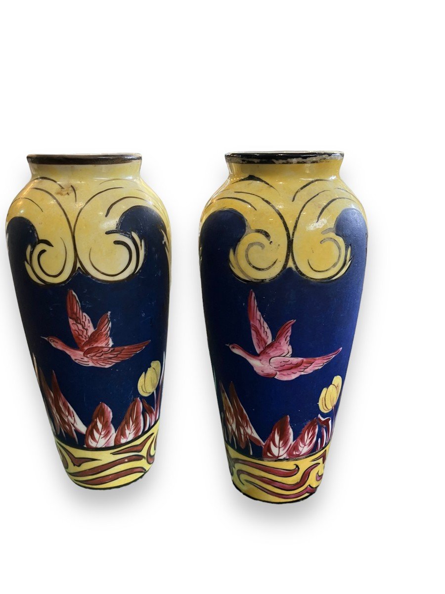 Pair Of Porcelain Vases Decorated With Birds Signed Chandy-photo-2