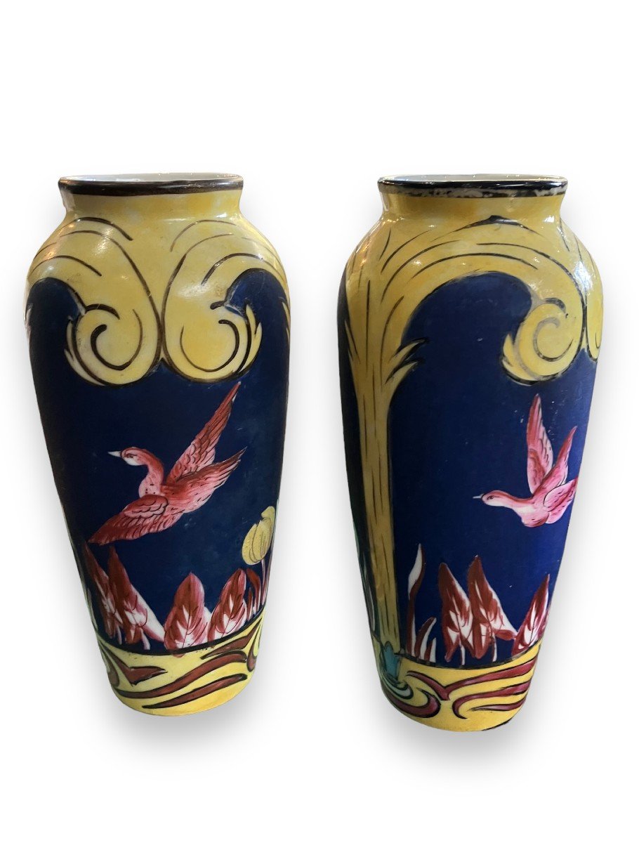 Pair Of Porcelain Vases Decorated With Birds Signed Chandy