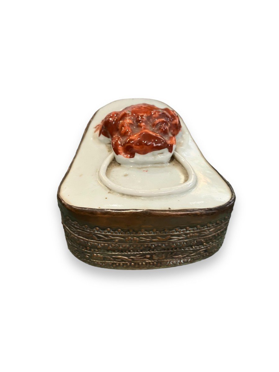 Chinese Box In Porcelain And Silver Metal Fô Dog-photo-4