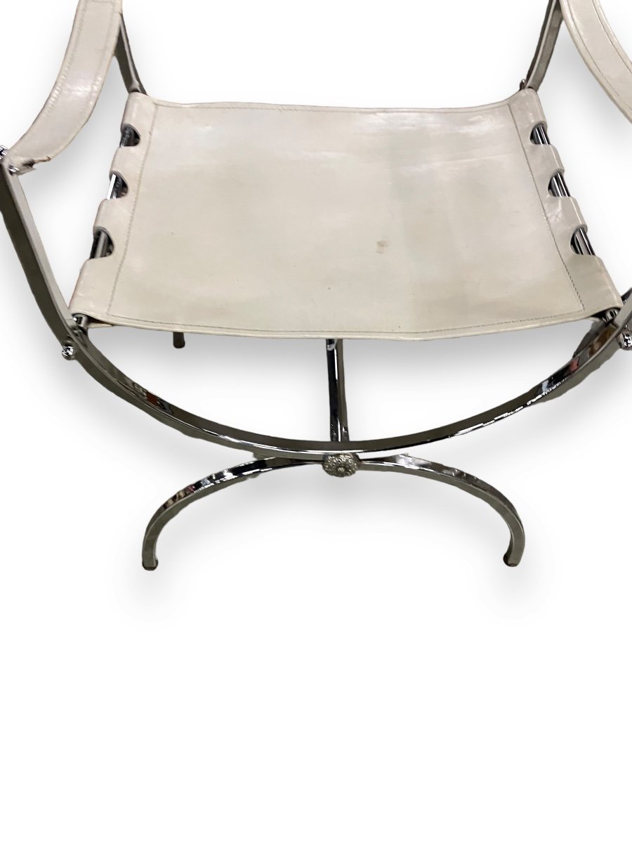 Maison Jansen Ensemble De 4 Fauteuils Empereur Savonarola Cuir Blanc Et Métal Chromé-photo-2