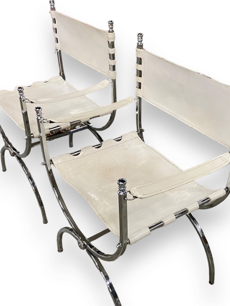 Maison Jansen Ensemble De 4 Fauteuils Empereur Savonarola Cuir Blanc Et Métal Chromé-photo-3