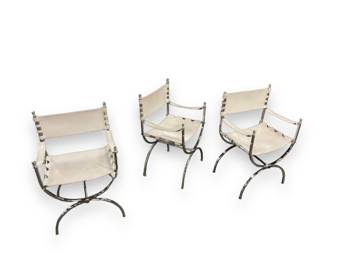 Maison Jansen Ensemble De 4 Fauteuils Empereur Savonarola Cuir Blanc Et Métal Chromé-photo-2