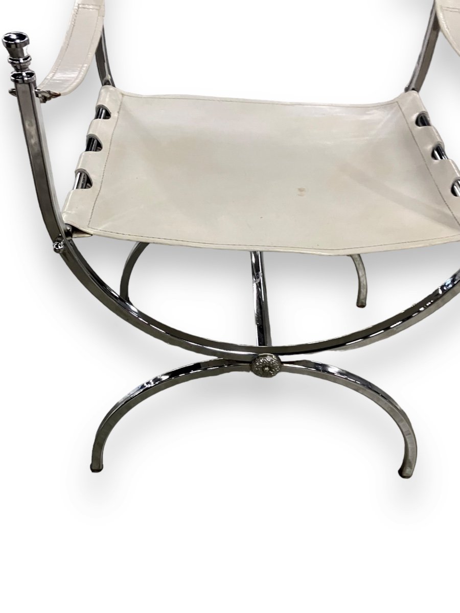 Maison Jansen Ensemble De 4 Fauteuils Empereur Savonarola Cuir Blanc Et Métal Chromé-photo-3