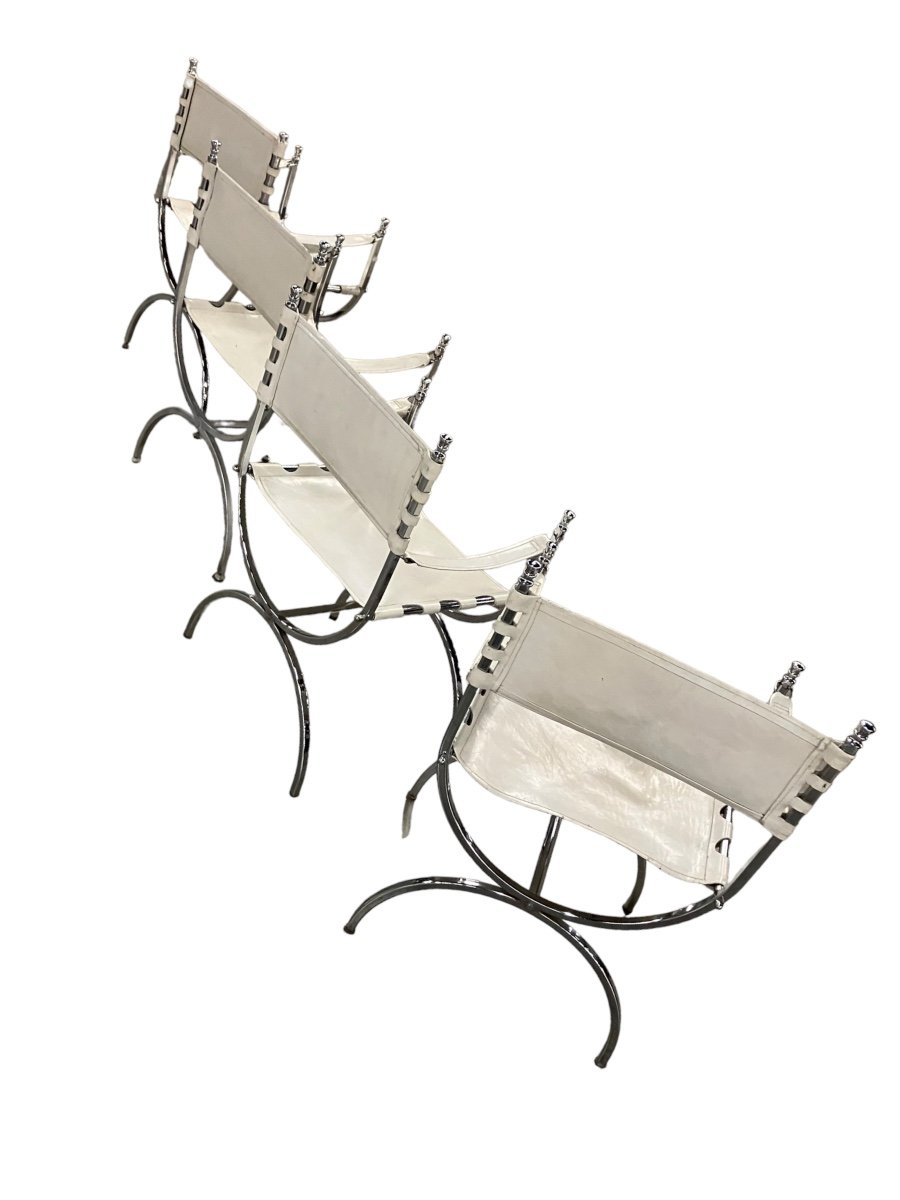 Maison Jansen Ensemble De 4 Fauteuils Empereur Savonarola Cuir Blanc Et Métal Chromé-photo-6