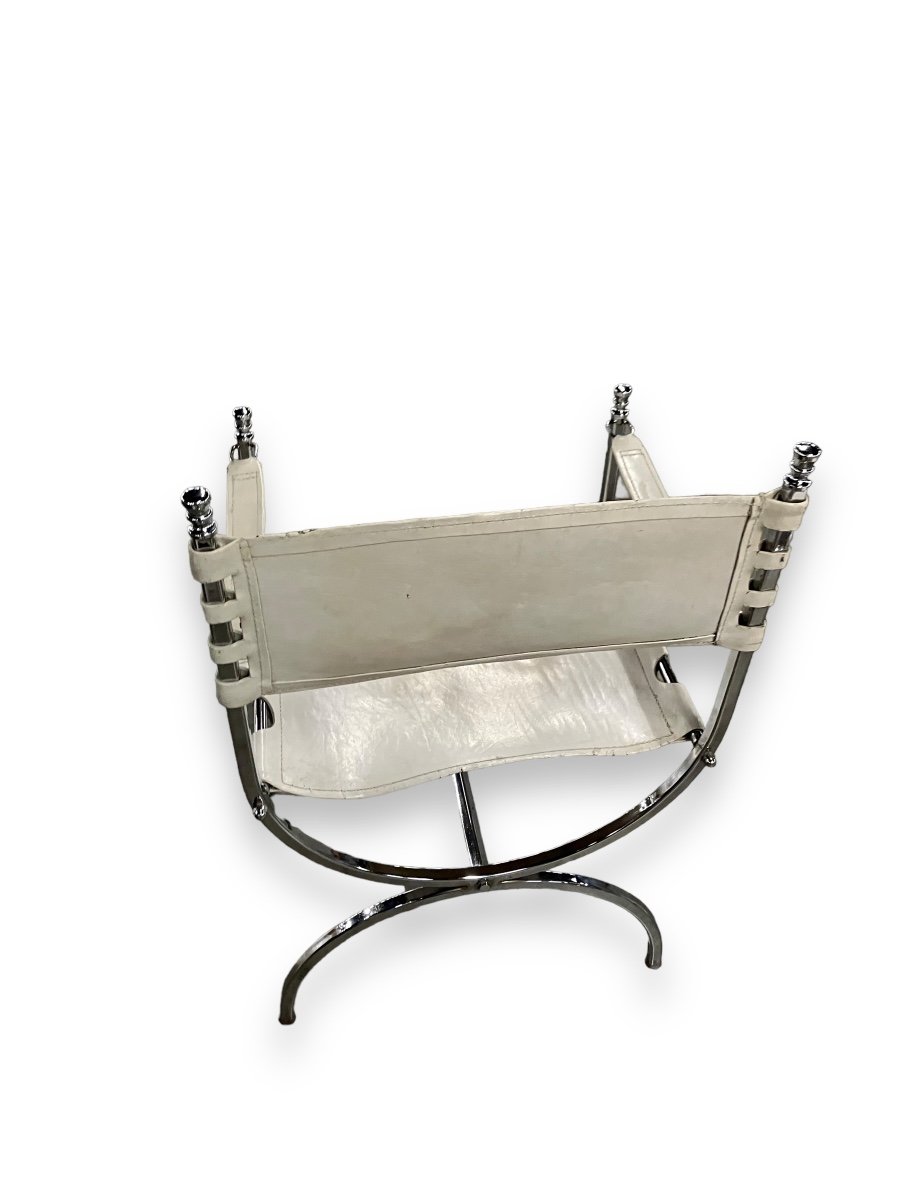 Maison Jansen Ensemble De 4 Fauteuils Empereur Savonarola Cuir Blanc Et Métal Chromé-photo-7
