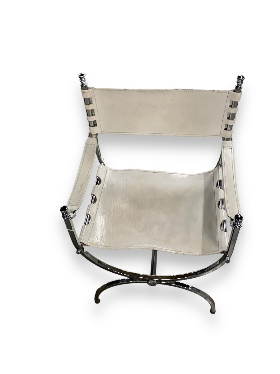 Maison Jansen Ensemble De 4 Fauteuils Empereur Savonarola Cuir Blanc Et Métal Chromé-photo-8