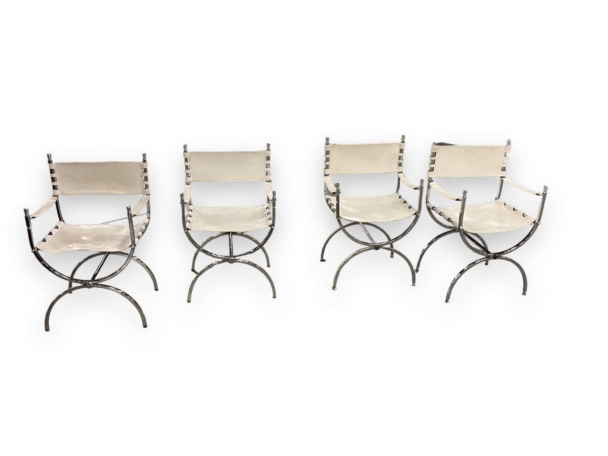 Maison Jansen Ensemble De 4 Fauteuils Empereur Savonarola Cuir Blanc Et Métal Chromé
