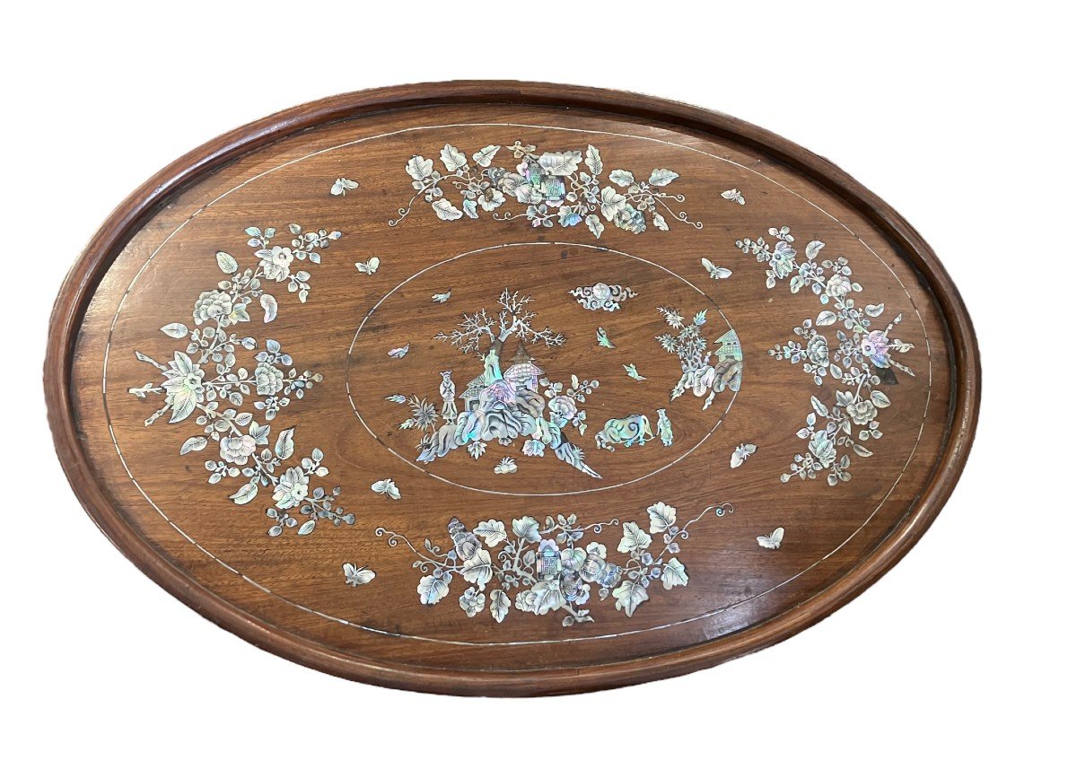  Important Indochinese Oval Tray In Mother Of Pearl And Rosewood-photo-7