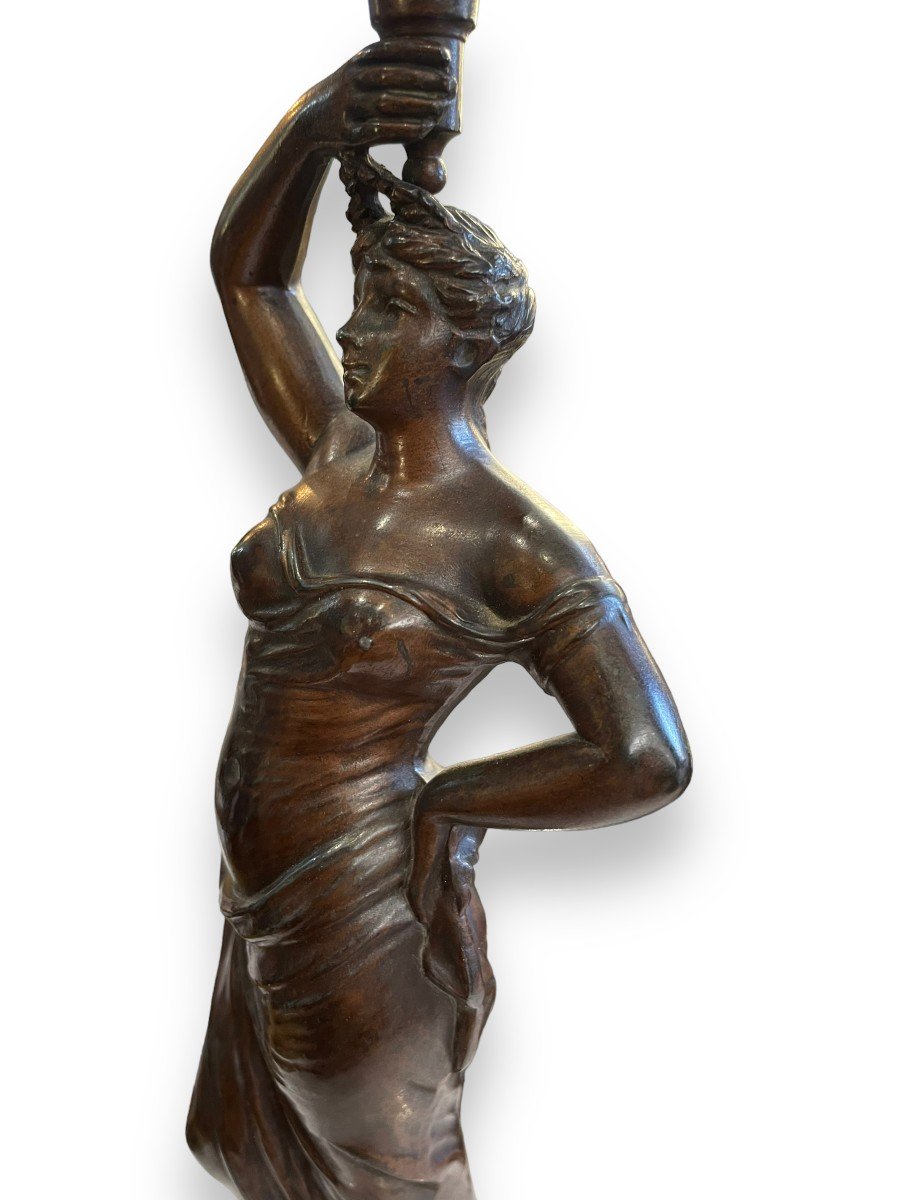 Bronze Torchere Young Woman Surmounted By A Stone Ball-photo-4