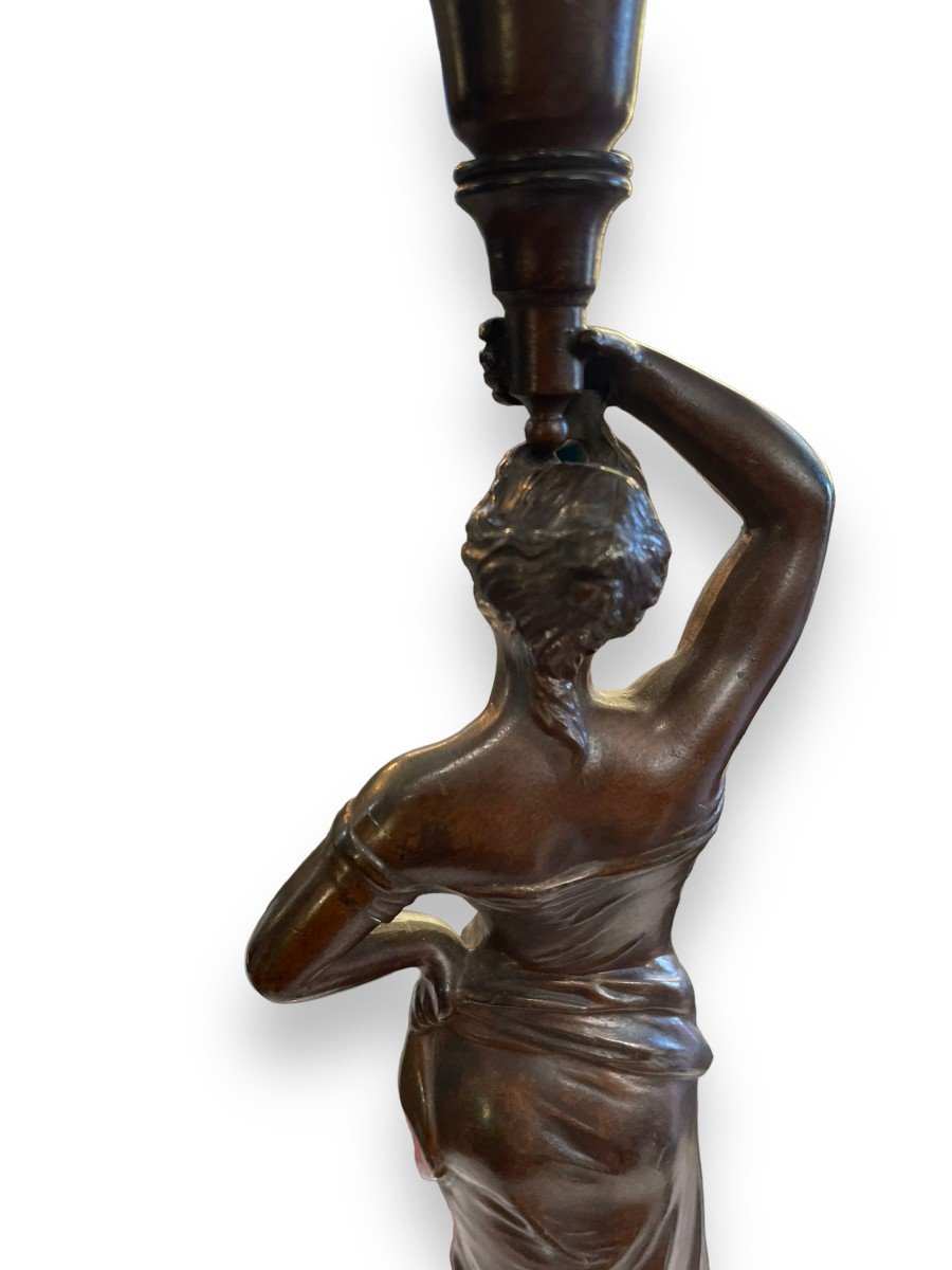 Bronze Torchere Young Woman Surmounted By A Stone Ball-photo-7