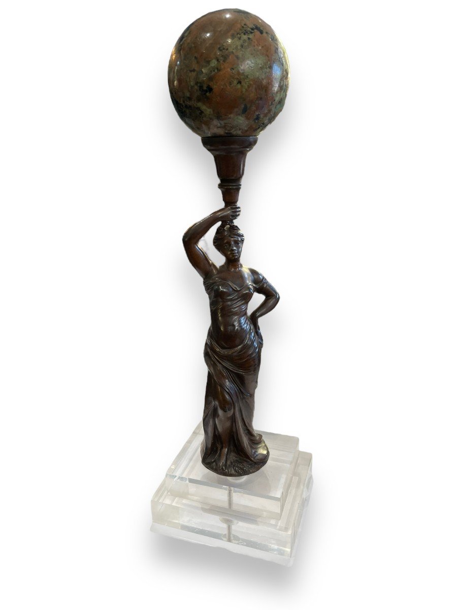 Bronze Torchere Young Woman Surmounted By A Stone Ball