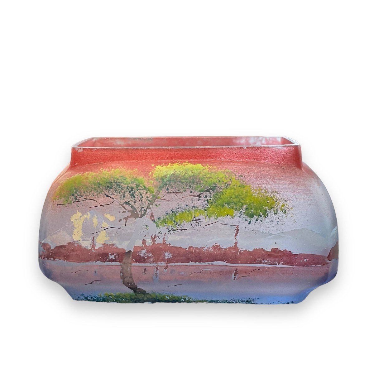 Legras À Saint-denis  Jardinière En Verre Peint Décor De Montagnes 