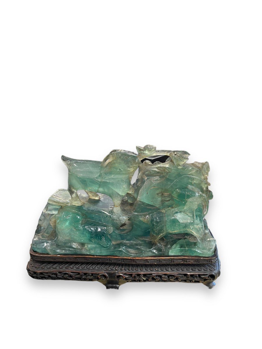 Hard Stone Group Green Quartz Crystal Statue-photo-2