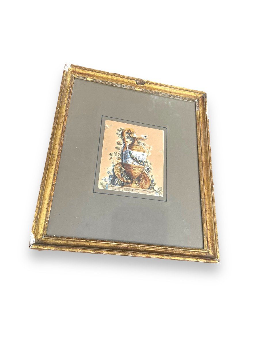 Watercolor XIXth Antique Fountain Signed H. Lozé-photo-1