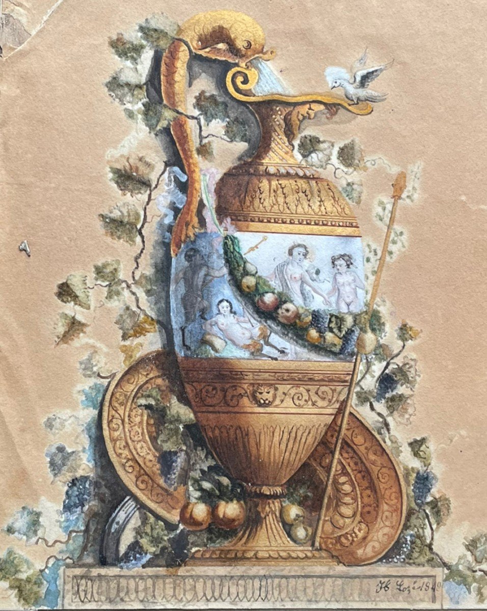 Watercolor XIXth Antique Fountain Signed H. Lozé
