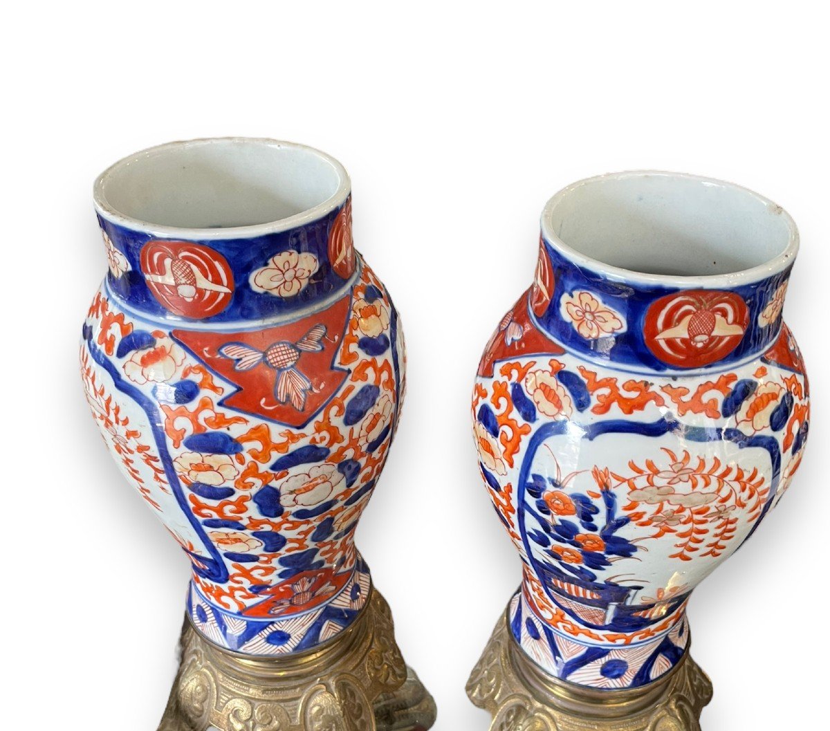 Pair Of Imari Vase In Nineteenth Bronze Base-photo-2