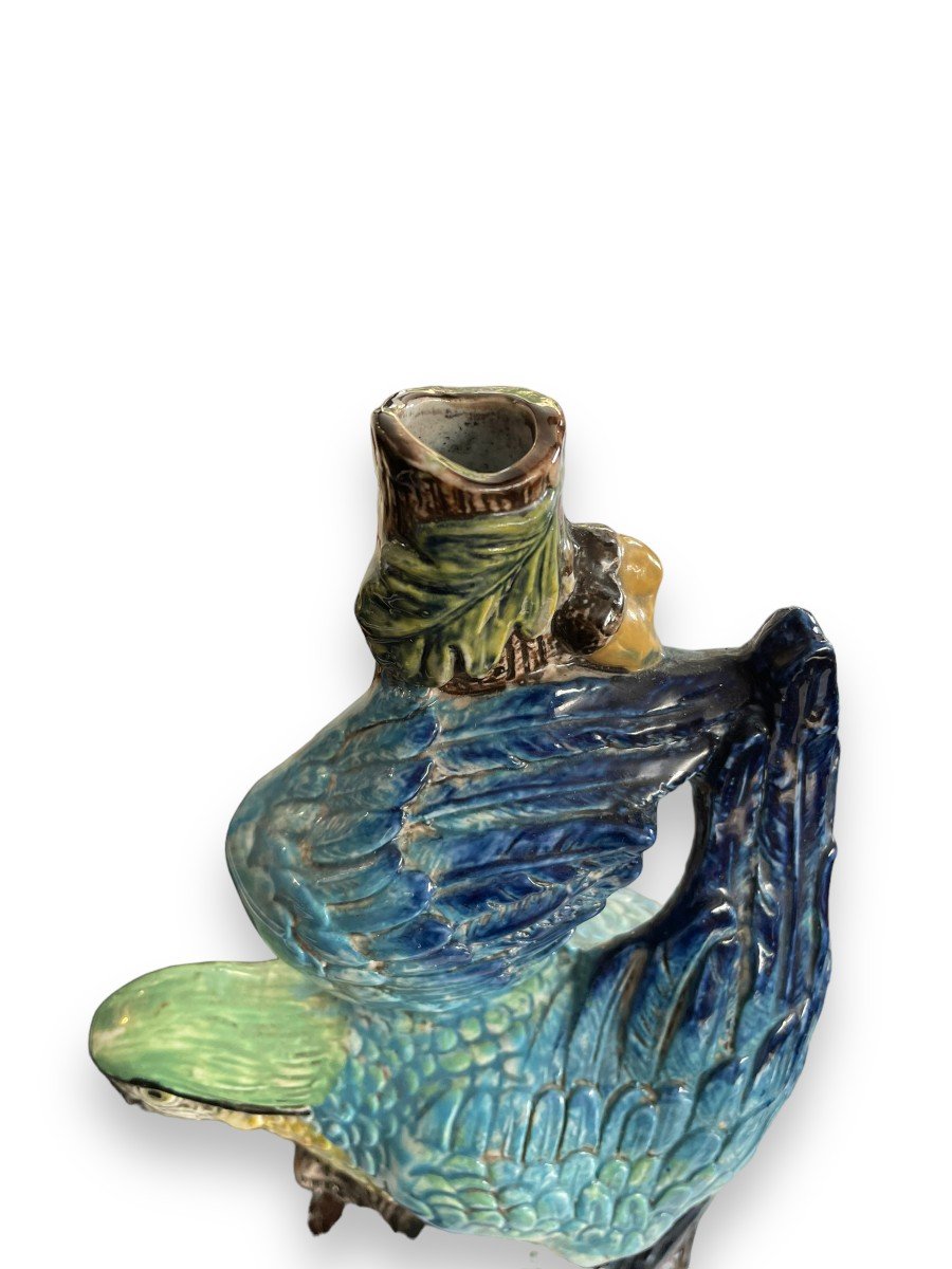  Blue Parrot Macaw Candlestick In Barbotine-photo-4