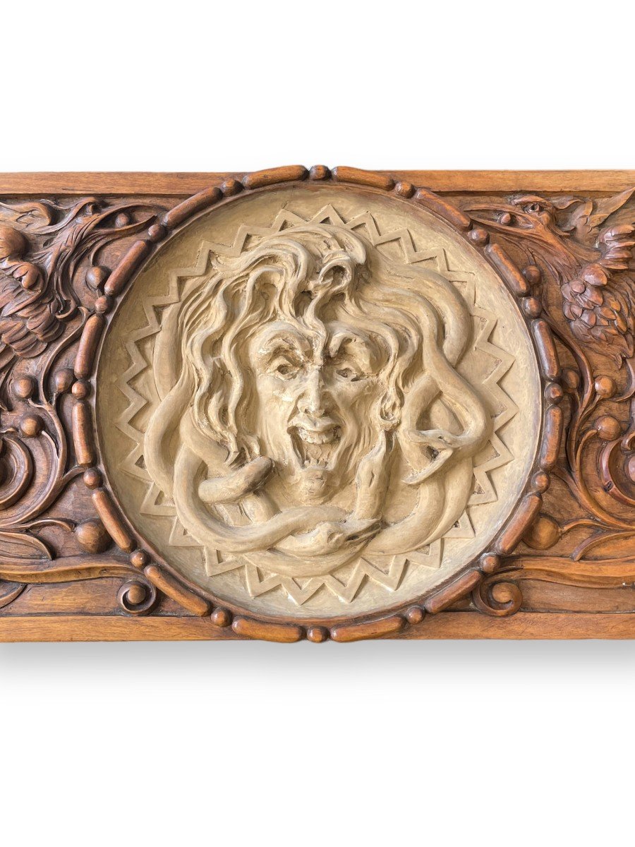 Bas Relief En Bois Sculpté Tête De Sorcière Gorgone Méduse-photo-2