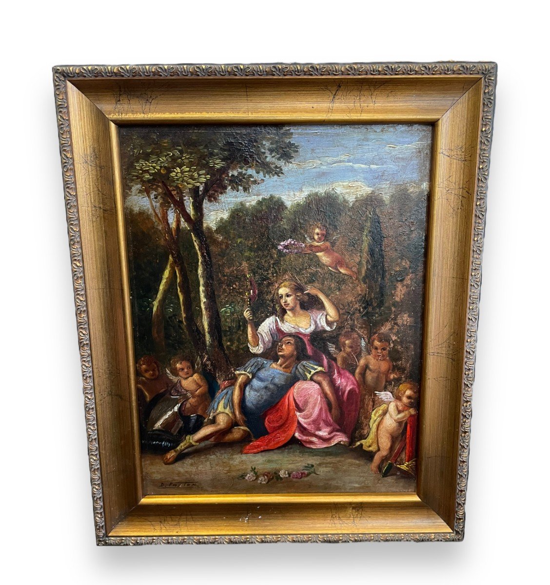 Galante Scene Oil On Panel In The Taste Of The 18th Century Signed Pastor