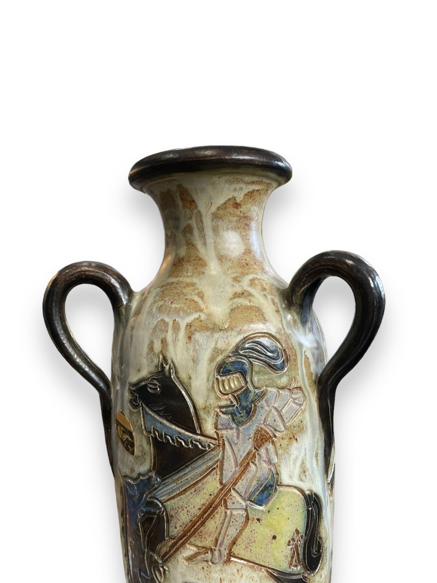 Immense Vase à Trois Anses Par Roger Guérin décor au chevalier-photo-4