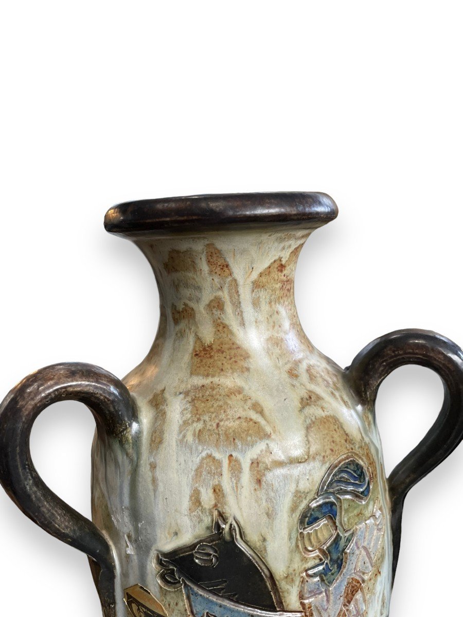 Immense Vase à Trois Anses Par Roger Guérin décor au chevalier-photo-2