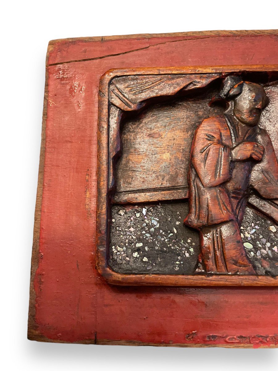 Bas Relief Chinois En Bois Polychrome Et Nacre-photo-3