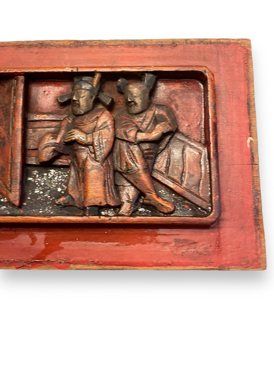 Bas Relief Chinois En Bois Polychrome Et Nacre-photo-4