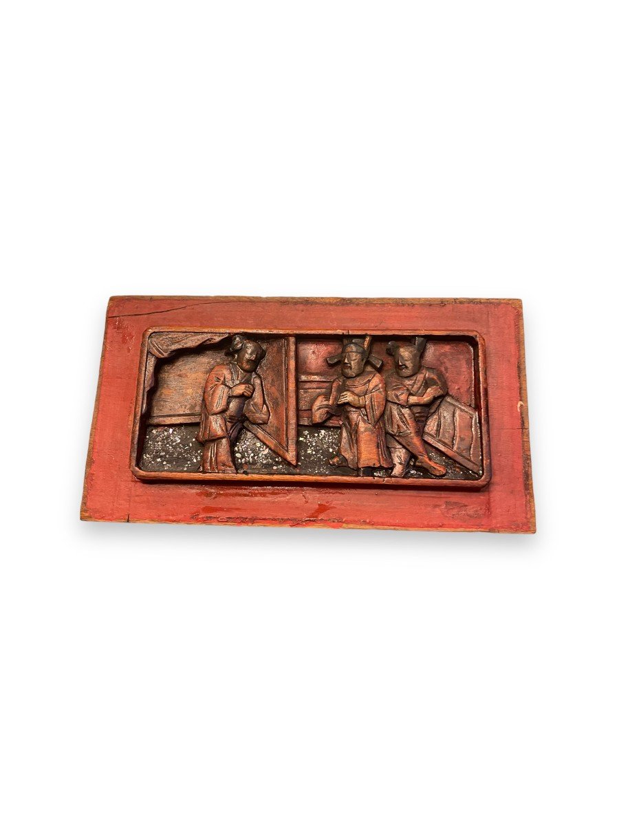 Bas Relief Chinois En Bois Polychrome Et Nacre-photo-2