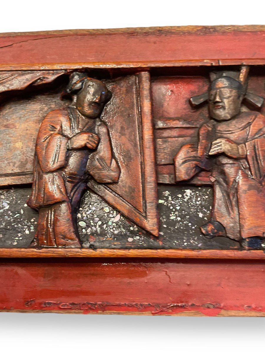 Bas Relief Chinois En Bois Polychrome Et Nacre-photo-3