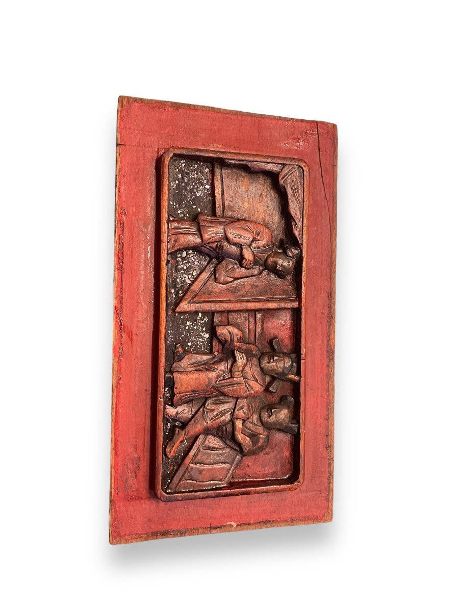 Bas Relief Chinois En Bois Polychrome Et Nacre-photo-4