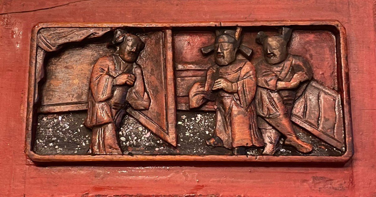 Bas Relief Chinois En Bois Polychrome Et Nacre-photo-6