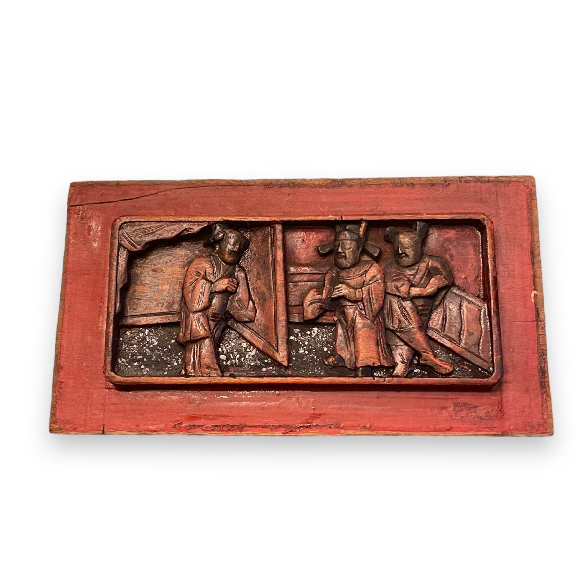 Bas Relief Chinois En Bois Polychrome Et Nacre
